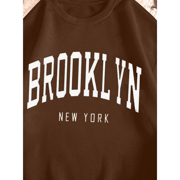 ⚡Women Brown Brooklyn Imported Graphic Crewneck Long Sleeve Pullover Sweatshirt - Picture 5 of 5
